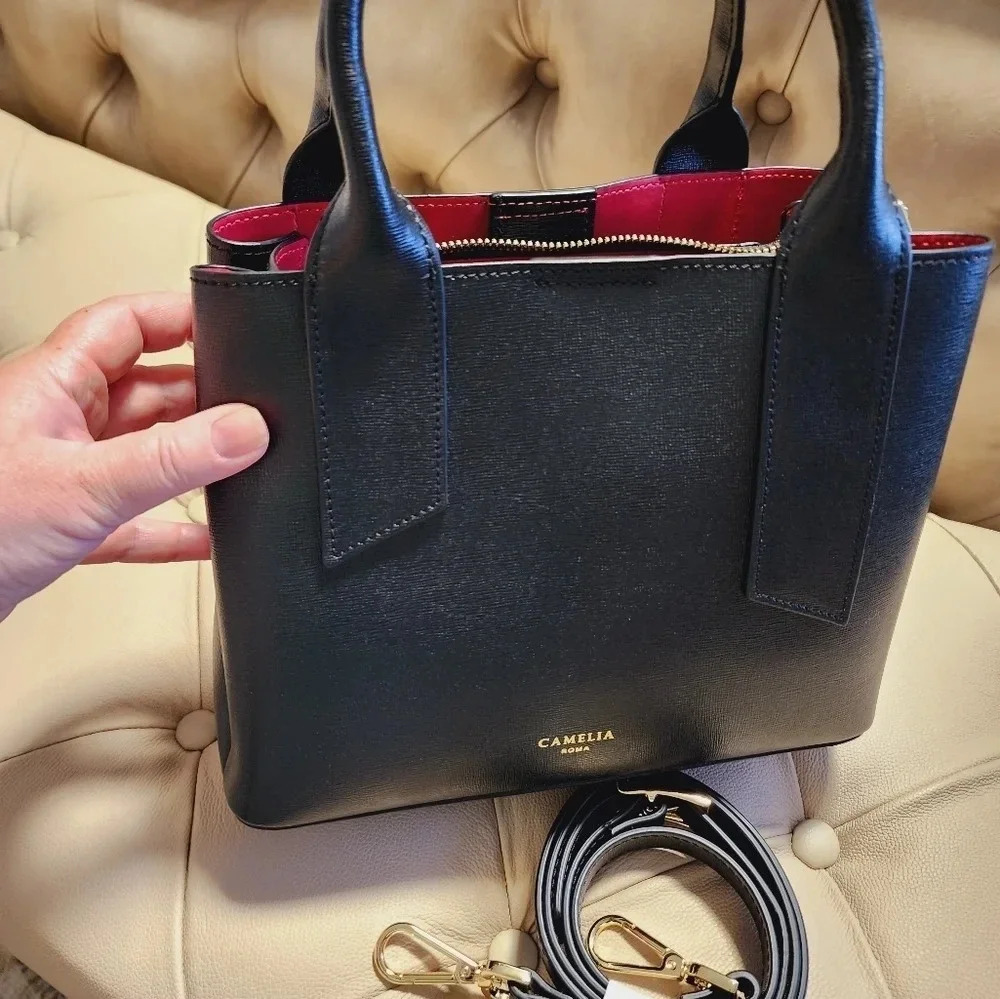 🥳HOST PICK🥳 Camelia Roma Saffiano Leather Black Red Satchel Bag Top Handle - Picture 3 of 9